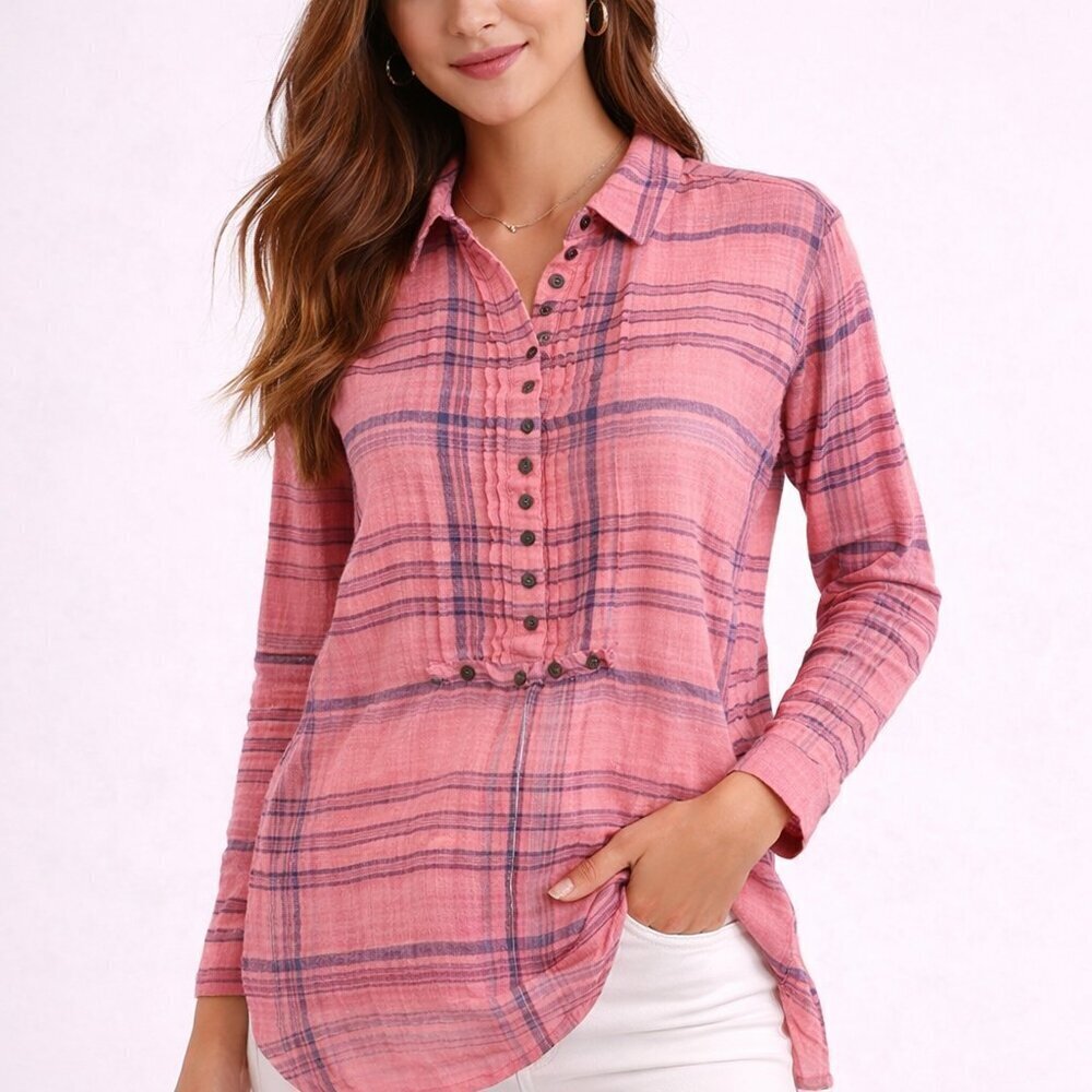 Anthro Pilcro Plaid Tunic XS Pink Blue Henley Pintuck High Low Shirt